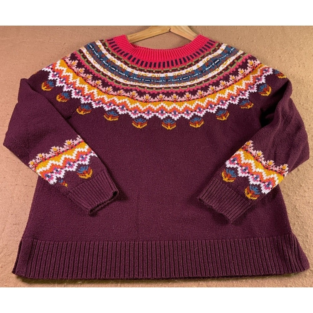Talbots Petite Plum Purple Fair Isle Yoke Cotton Blend Sweater SP CN369 05/23